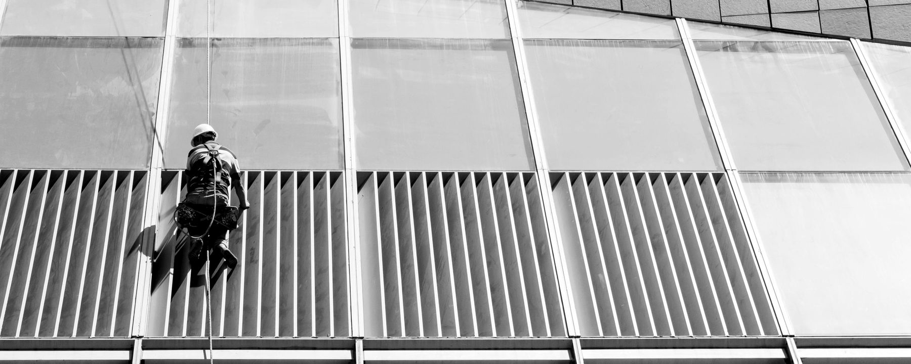 Rope access technicians working suspended on a building facade